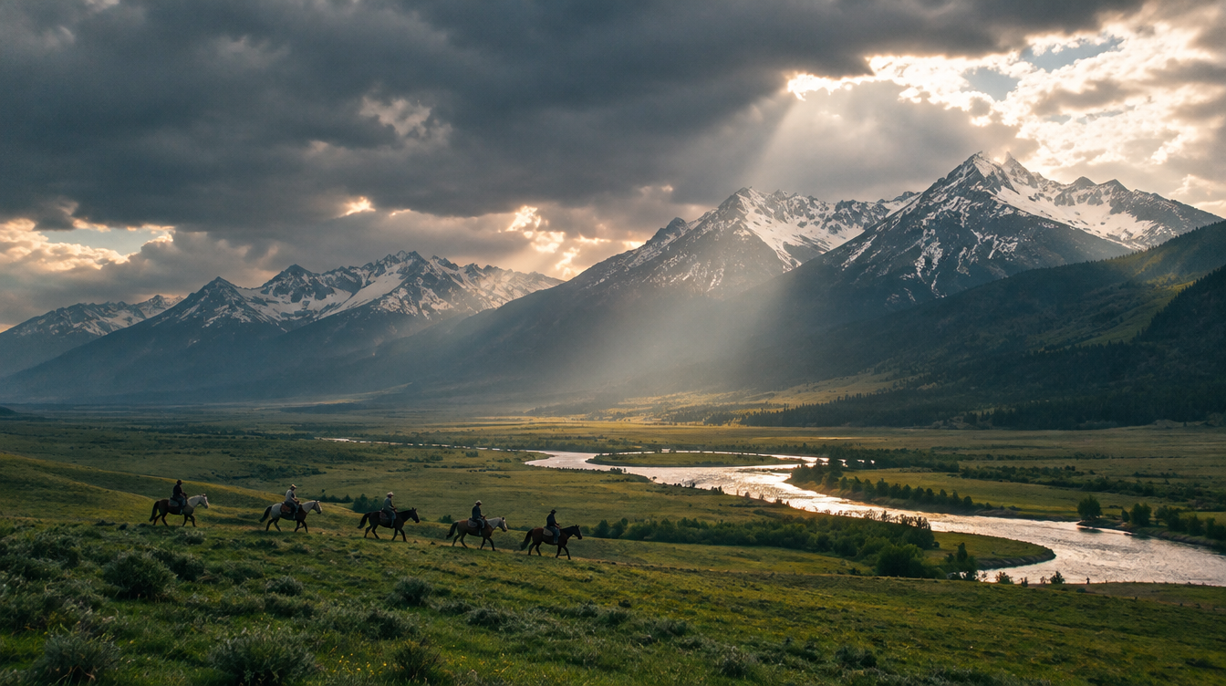 Horseback riders crossing a Montana mountain valley beneath sunlit peaks