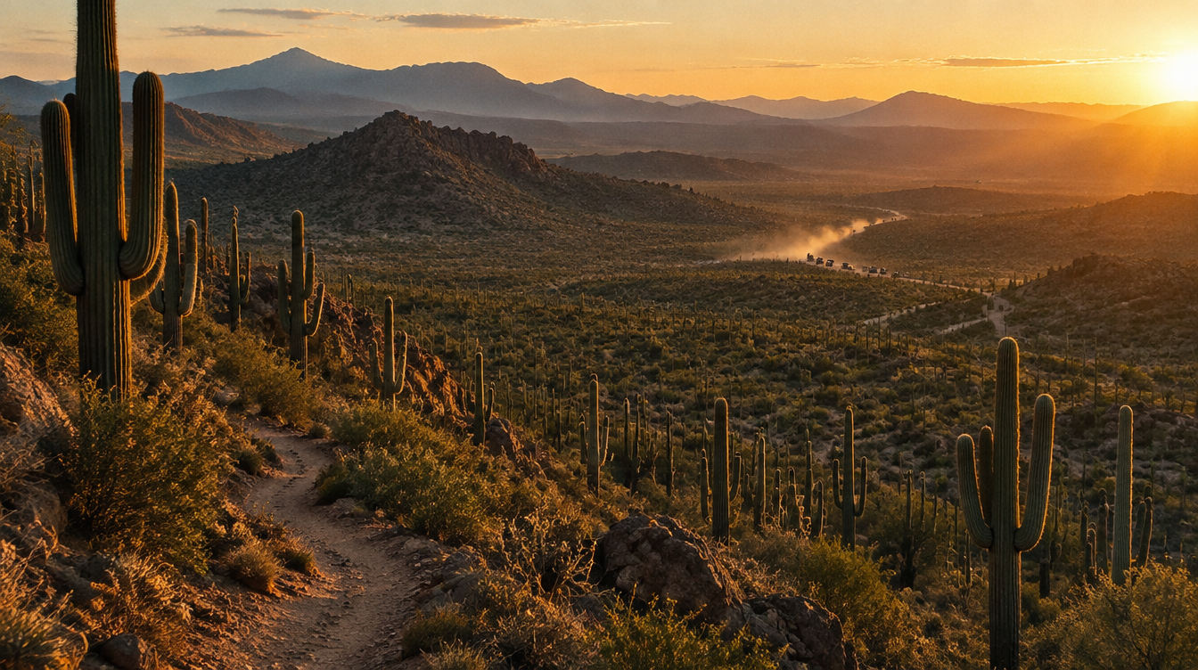 Off-road vehicles crossing the Sonoran desert at golden hour