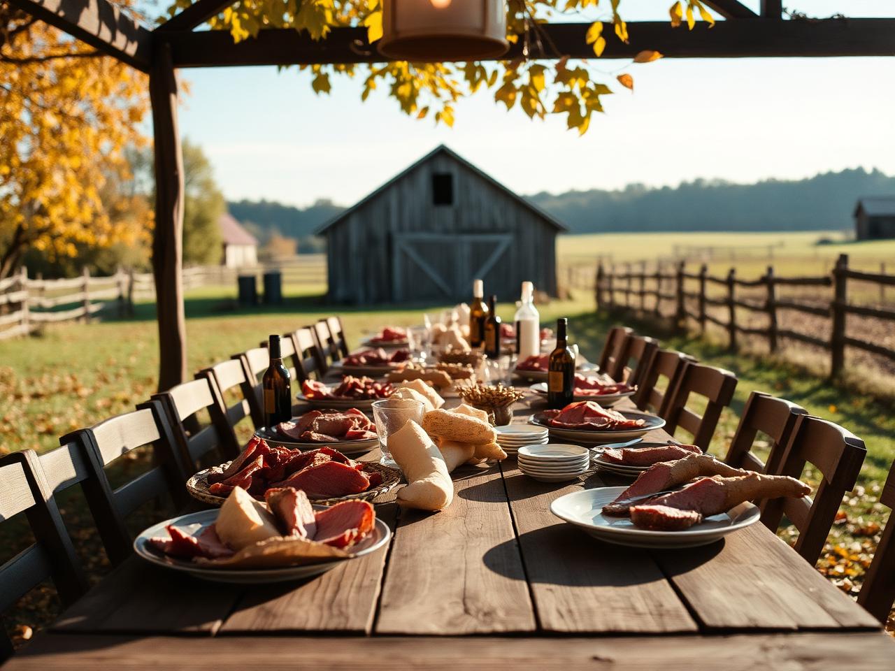 Long farm table set for a feast in warm afternoon light